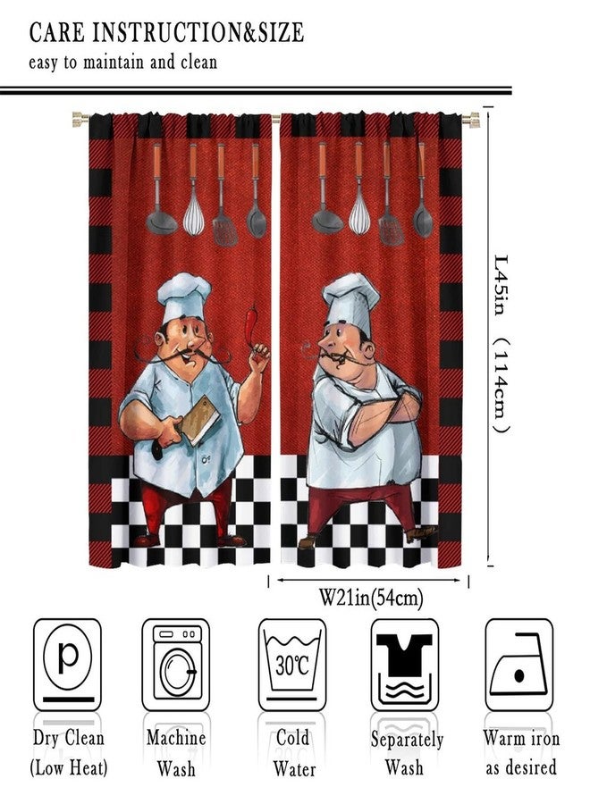YCness Chef Kitchen Curtain for Window, Fat Cook Theme for Bedroom Living Room, Red Black Buffalo Check Plaid Drape 2 Panel Set, 42x45 Inch - Image 2